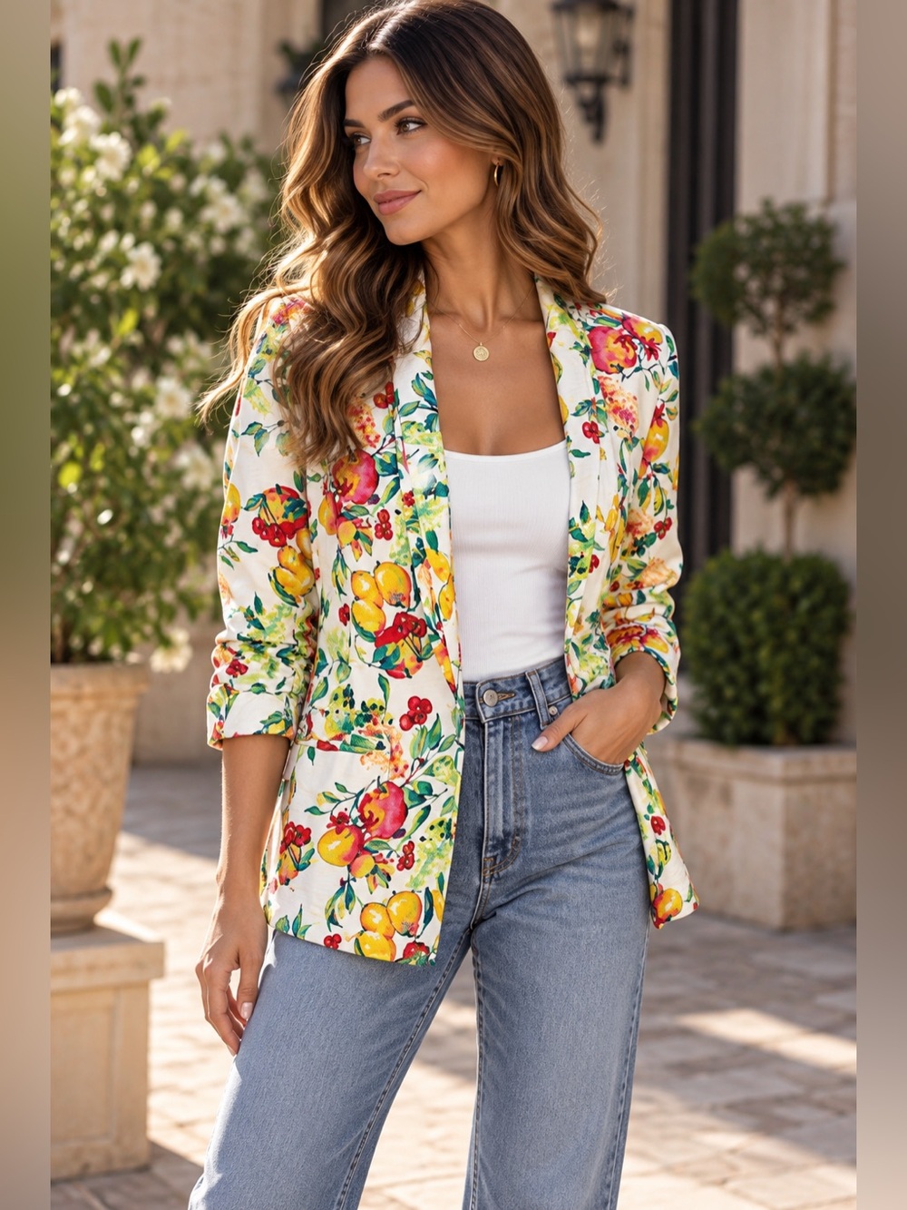Lauren Conrad Size L NWOT Fruit Floral Ruched Sleeve Blazer $64 MSRP